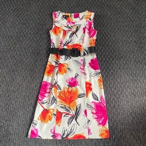 2000s White Floral Midi Dress with Faux Leather Belt